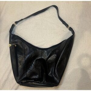 Black Leather Hobo Shoulder Bag Purse Zipper Pocket Gold Accent